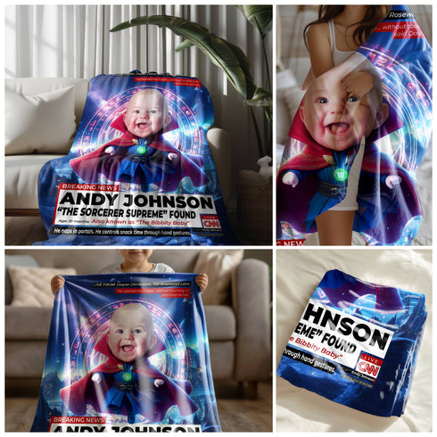 Personalized Sorcerer Baby Blanket – Custom CNN Superhero Design with Magic Quote & Photo